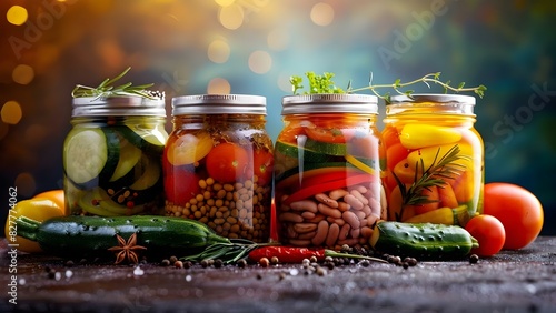 Preserved Vegetables and Herbs in Glass Jars. Concept Preservation Methods, Pickling Techniques, Sustainable Food Storage, Homestead Pantry Organization