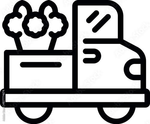 Line art icon of an electric delivery truck with tree symbols, representing sustainable transport