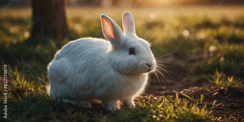 Alert White Rabbit Standing Attentively in a Field of Green. Alert White Rabbit Standing Attentively in a Field of Green.