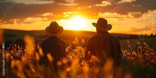 Father and son soak in beautiful sunset on their farm land. Concept Family Bonding, Sunset Photography, Farm Life, Father and Son, Timeless Moments