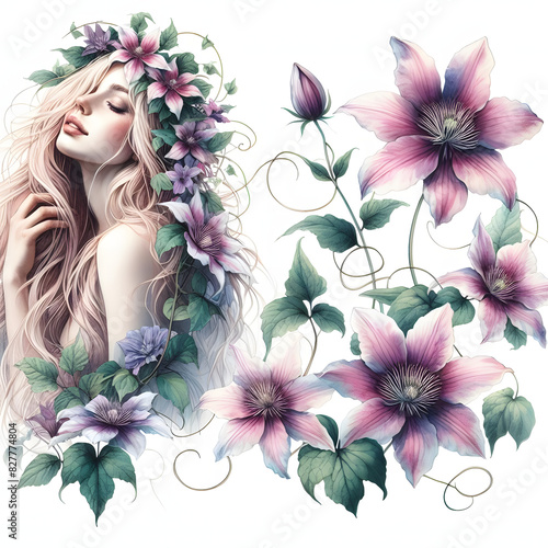 Beautiful girl with colorful flowers in her hair. Digital watercolor painting. Art oil Portrait of beautiful young woman with clematis flowers. Fashion drawn illustration. Watercolor portrait of woman