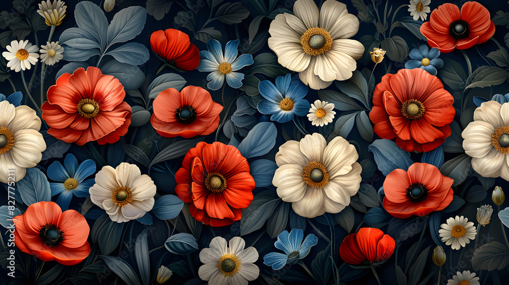 red and yellow flowers, Spring blooming colorful flowers background view from above