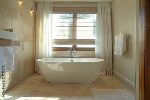 Bathroom with Minimalist Tub and Fixtures Minimalist tub  clean fixtures  and simple tile design. Modern and elegant.
