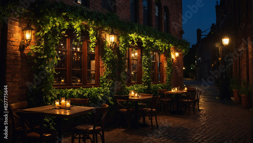 Rustic restaurant, from view of an outside table at night. Luscious green ivy covers the red brick walls of the restaurant and Warm ambience and candle lights reflecting off glimmering of glasses. Pho © PixelBook