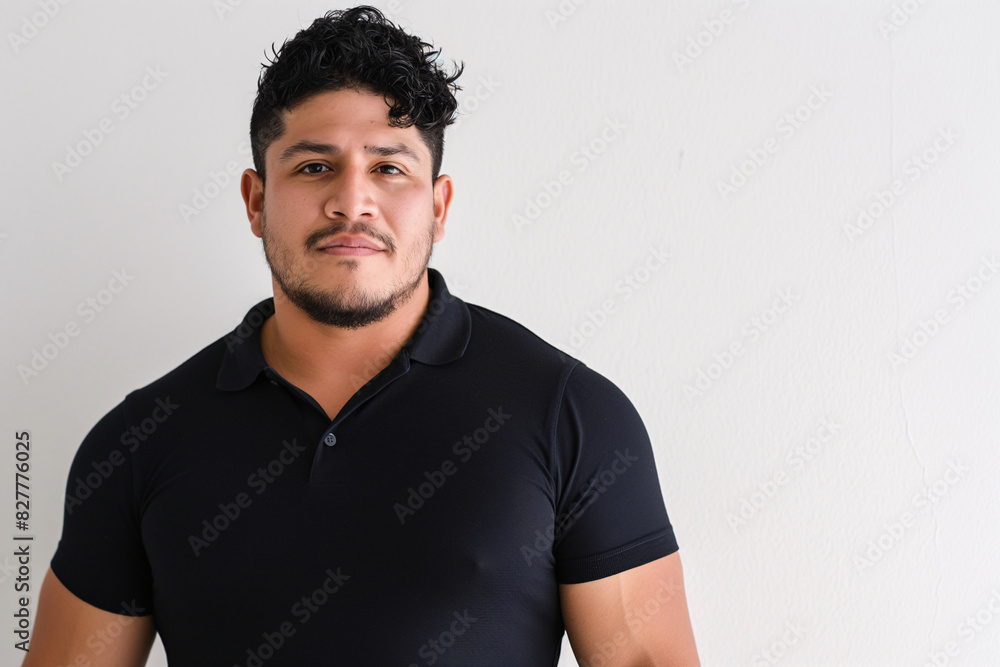 Confident Hispanic Man in Black Polo Shirt with Curly Hair Confident Hispanic Man in Black Polo Shirt with Curly Hair