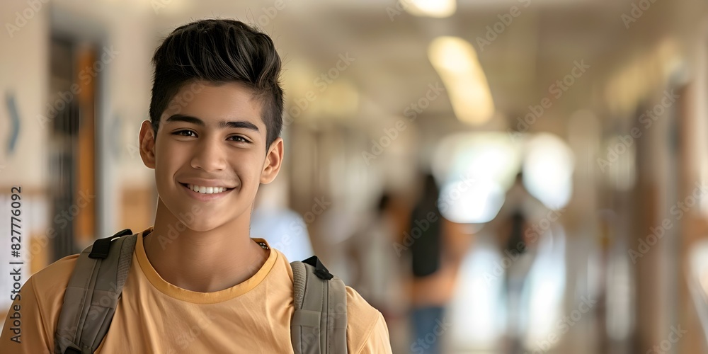 Fototapeta premium Diligent Hispanic Teenager Smiling in School Corridor Embodies Commitment to Learning and Self-Improvement. Concept Teenager, Hispanic, School, Learning, Self-Improvement