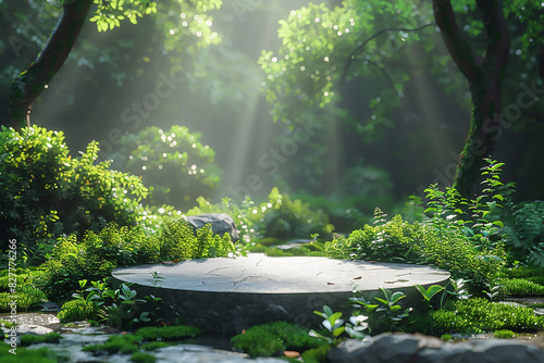 empty concrete podium on green grass with tropical forest plant blur cloud blue sky background with space.