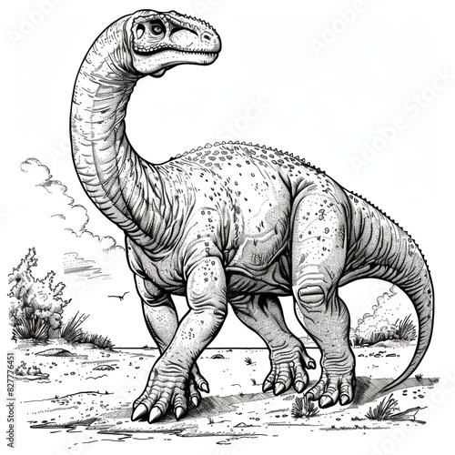 fabulous kind dinosaur iguanodon with large details and a black outline on a white background for coloring in a minimalist style photo