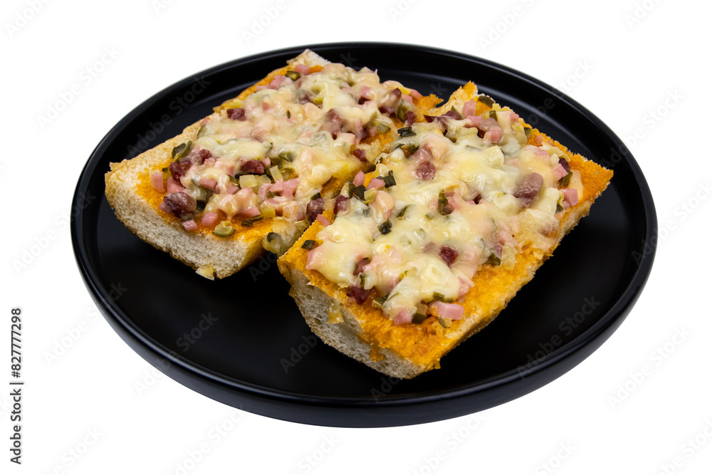 sandwiches with vegetables and cheese on a black plate isolated on white sandwiches with vegetables and cheese on a black plate isolated on white
