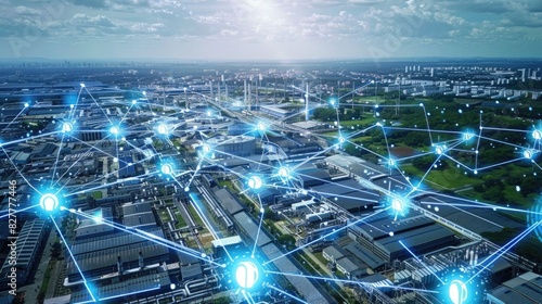 Digital city with digital connections and technology on the background of an aerial view of industrial buildings, smart grid system for sustainable energy , photo realistic photo