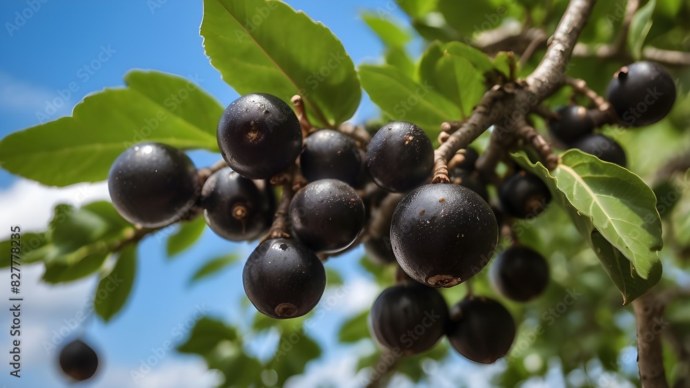 Close up jaboticaba on a tree with leaves and sky view Close up jaboticaba on a tree with leaves and sky view
