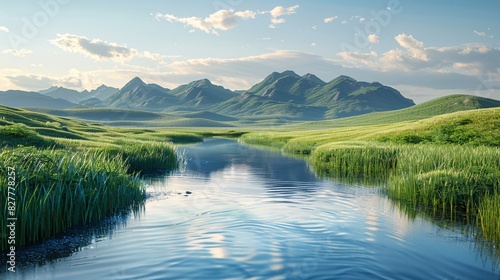 Beautiful 3D render of an aesthetic landscape  featuring rolling hills and serene water bodies in a harmonious composition