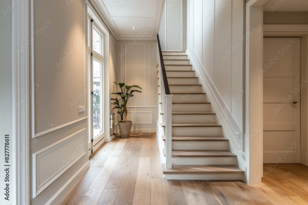 Modern Hallway With Staircase and Potted Plant Modern Hallway With Staircase and Potted Plant