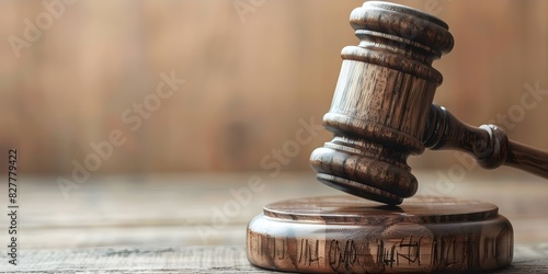 The Use of Traditional Wooden Gavel in Legal Proceedings. Concept Legal Proceedings, Courtroom Decor, Judicial Symbolism, Traditional Practices, Wooden Gavel