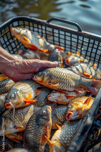 The fisherman holds a fish in his hands. Selective focus.