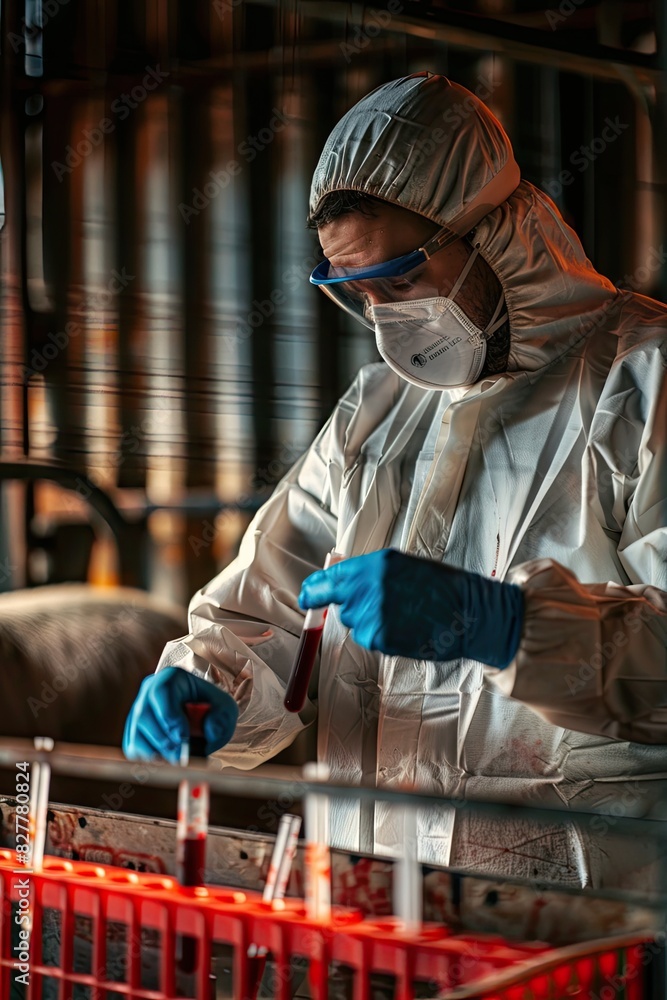 A veterinarian in a protective suit takes tests on animals on a farm. Selective focus.