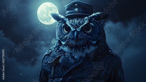 Vigilant Protector Owl Security Guard Dutifully Patrolling Urban Cityscape Under Moonlight photo