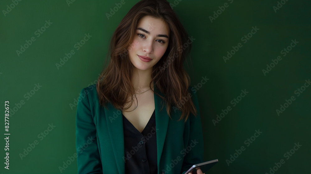 Businesswoman using smartphone on green background Businesswoman using smartphone on green background