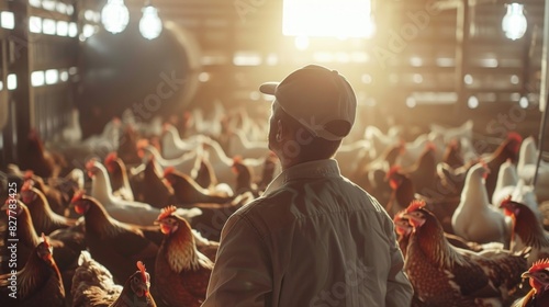 In a barn filled with chirping chickens a farmer checks on their wellbeing and egg production with the assistance of AIdriven sensors and monitoring systems. photo