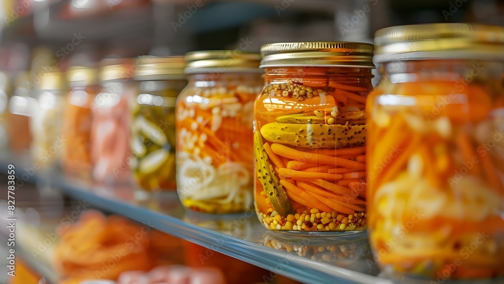 Preserving the art of pickling: Vibrant jars of pickled vegetables on colorful shelves. Concept Preserving, Pickling, Vibrant Jars, Colorful Shelves, Art of Pickling