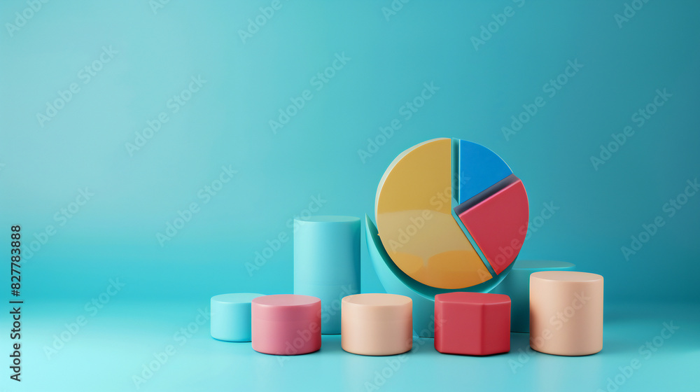 Obraz premium A colorful pie chart and cylindrical bars against a blue background. Symbolizes data analysis, statistics, and business insights. Ideal for marketing analytics, business reports, educational materials