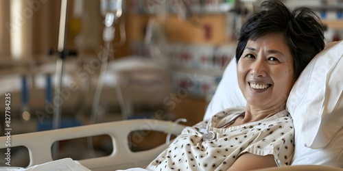 Asian patient celebrates successful cancer treatment with a smile in hospital bed after chemotherapy. Concept Health Recovery, Cancer Survivorship, Hospital Wellness, Smiling Patient photo