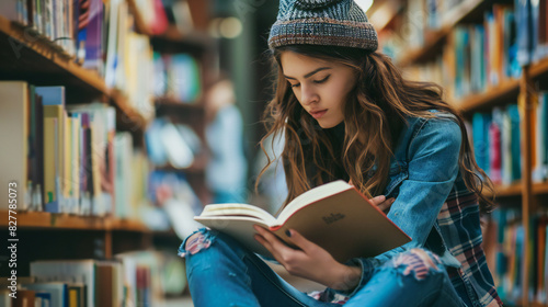 A young woman engrossed in reading a book, sitting on the floor of a cozy library, surrounded by shelves filled with books. Perfect for campaigns promoting reading, education, and libraries