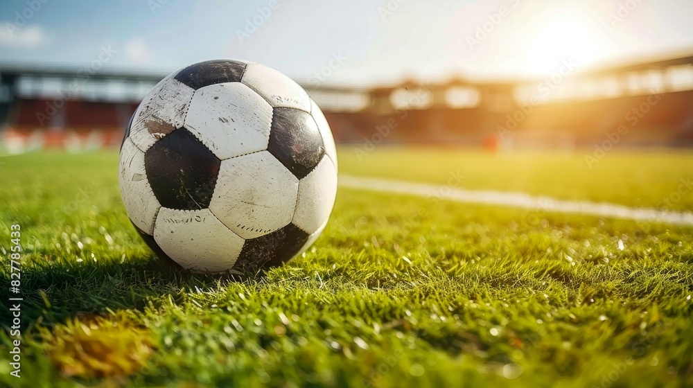 Fototapeta premium Close-up of a soccer ball on a lush green field in a stadium with bright sunlight, symbolizing the excitement and spirit of the game.