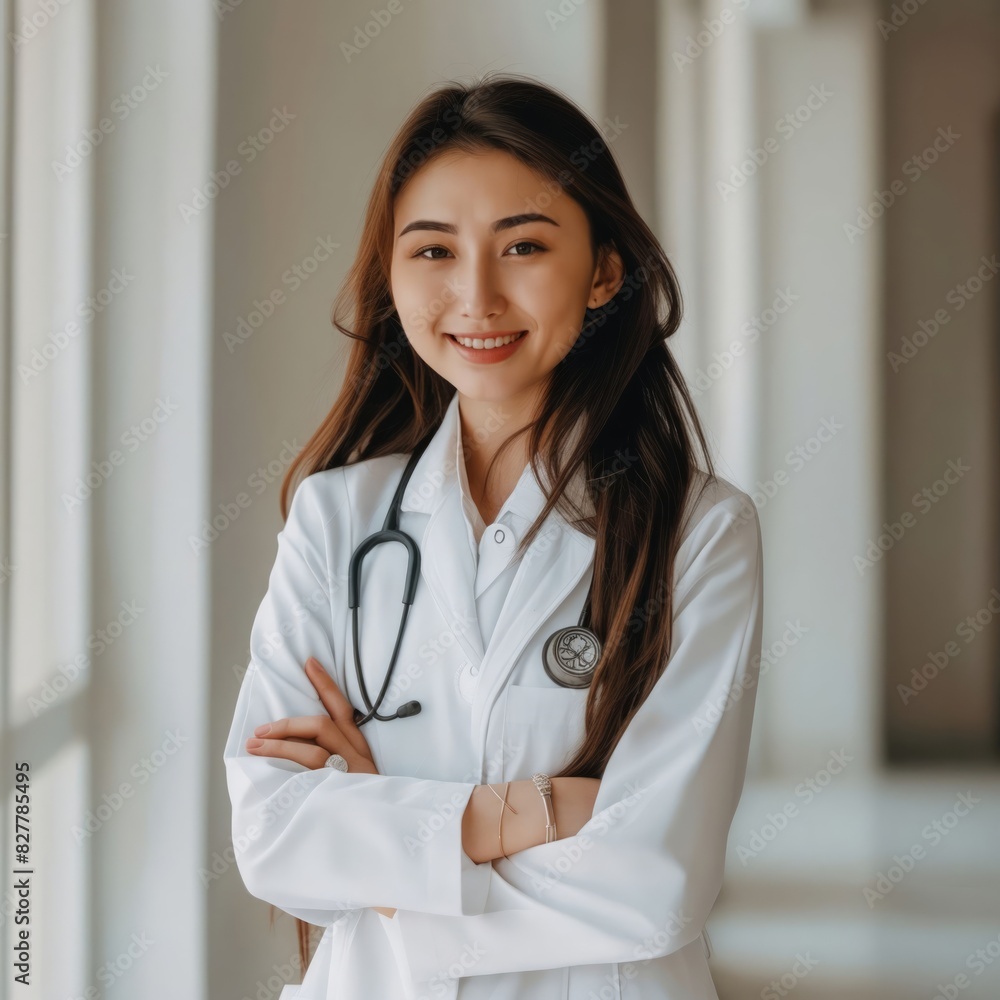 Asian female doctor standing in corridor with arms crossed. Asian female doctor standing in corridor with arms crossed.