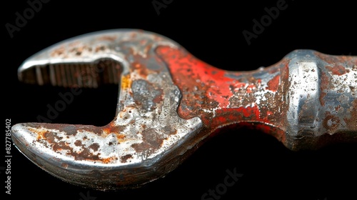 Close-up of a rusty open-ended wrench with traces of red paint against a black background, showcasing wear and aging.