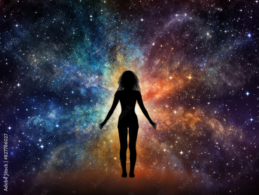 A woman is standing in a colorful galaxy. The galaxy is full of stars and has a vibrant, otherworldly feel to it. The woman is looking up at the stars A woman is standing in a colorful galaxy. The galaxy is full of stars and has a vibrant, otherworldly feel to it. The woman is looking up at the stars