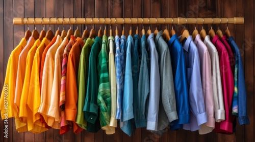 Colorful Assortment Of Casual Shirts Neatly Hung On Wooden Hangers. Generative AI