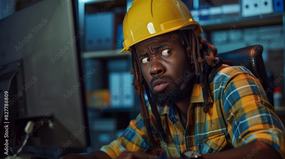 A man wearing a yellow hard hat is holding a piece of paper. He looks surprised. a black worker super surprised looking at the paper he holds in his hand, blurred construction site in background
