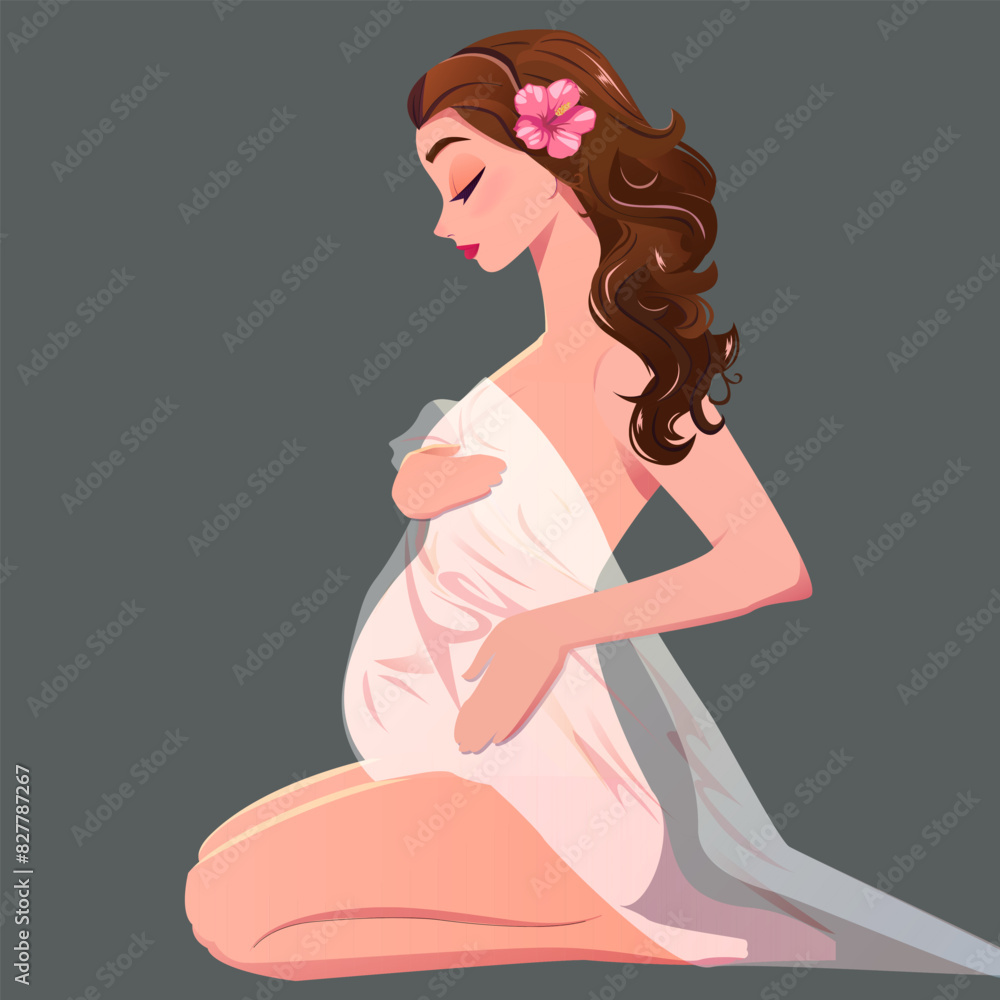 Naked Pregnant Woman sits in profile, her hair down, eyes closed, calm and hugging her stomach. pregnancy gestation. Flower in health curly hairs. Naked Pregnant Woman sits in profile, her hair down, eyes closed, calm and hugging her stomach. pregnancy gestation. Flower in health curly hairs.