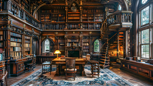 Grand and opulent library with intricate design, large wooden shelves full of books, which extend to a second level accessed through a spiral staircase. photo