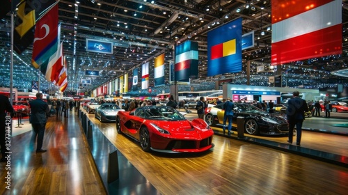Luxury car exhibition showcasing high-end sports cars in a prestigious international auto show with global flags displayed.