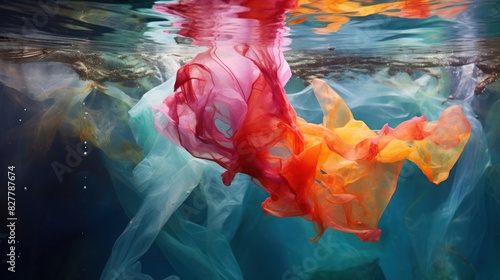 plastic bag swirling in a polluted ocean,  photo