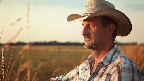 man portrait in a hat on the field. Selective focus.