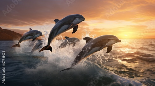 group of dolphins leaping out of the ocean 