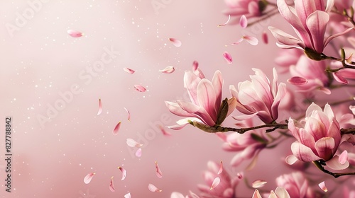 Soft pink magnolias bloom gracefully over a pastel pink backdrop  conveying a sense of delicate beauty and the freshness of spring