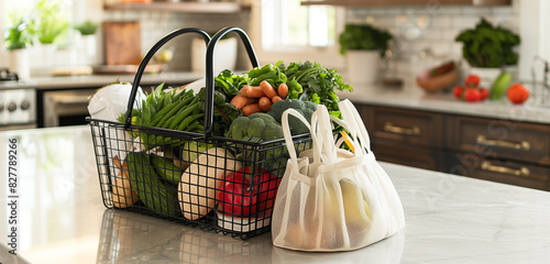 A grocery basket filled with fresh produce and reusable bags, placed on a clean countertop with ample copyspace.