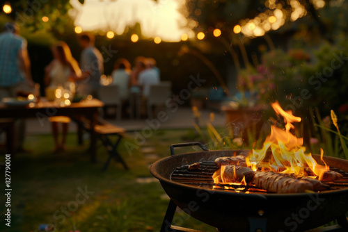 Barbecue grill with burning flames in the backyard at a garden party, people in the background at sunset during the evening, a family and friends having fun together during their summer vacation.