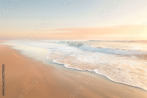 A pristine beach at sunrise  with gentle waves lapping at the shore and the horizon painted in shades of orange and pink.