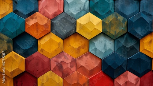 Design a hexagon pattern with six-sided shapes arranged in a tessellated design, using vibrant colors to highlight geometric precision and visual appeal photo