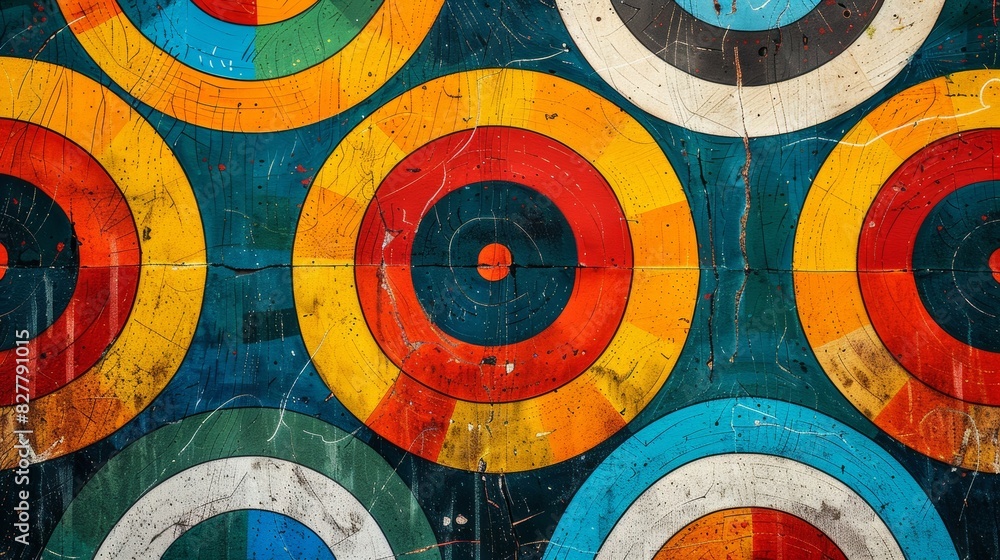 Illustrate a pattern of concentric circles with varying radii and colors, creating a visually striking effect that draws the viewer's eye toward the center of the design Illustrate a pattern of concentric circles with varying radii and colors, creating a visually striking effect that draws the viewer's eye toward the center of the design