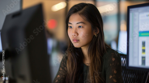 Asian woman with long hair wearing a dark green top working on her computer at a modern office or modern business, career woman diversity concept