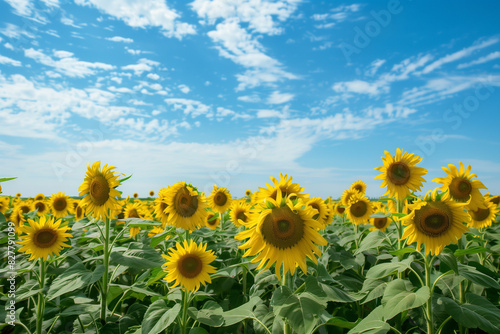 A vast field of sunflowers under a bright blue sky  their golden heads all turned toward the sun  with ample copy space on the right.