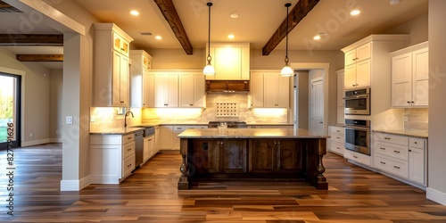 Luxurious new home with beautiful kitchen white cabinets wood beams and hardwood floors. Concept Luxury Home  Kitchen Design  White Cabinets  Wood Beams  Hardwood Floors