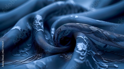 Elegant blue silk fabric with delicate patterns, folded and draped, creating a luxurious, smooth texture for fashion and interior design concepts.