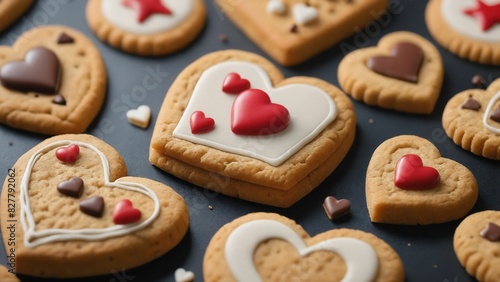 Assorted heart-shaped cookies with colorful icing decorations laid out on a dark surface, perfect for Valentine's Day or special celebrations.